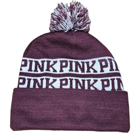 Victoria's Secret PINK NATION Pom Pom Maroon Knit Beanie - Picture 3 of 6